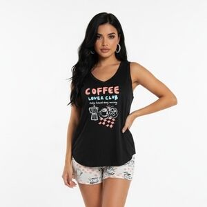 Joyspun Women's Print Tank Top and Shorts Pajama Set with Coffee Graphic NWT